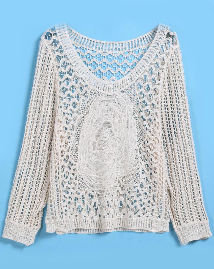 Romwe Round Neck Floral Crochet Hollow Apricot Blouse