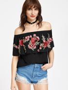 Romwe Black Rose Patch Ruffle Off The Shoulder Top