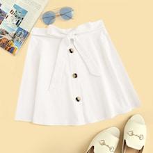 Romwe Button Front Belted Flare Skirt