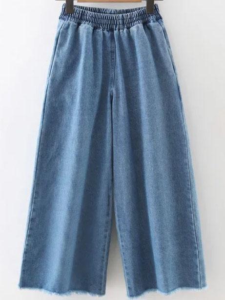 Romwe Blue Wide Leg Frayed Denim Pants