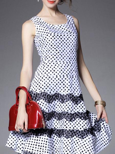 Romwe White Tank Polka Dot Contrast Lace Dress