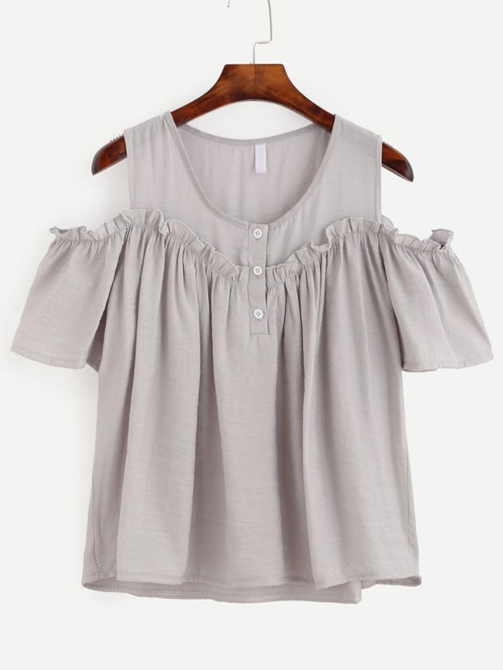 Romwe Grey Open Shoulder Button Placket Ruffle Top