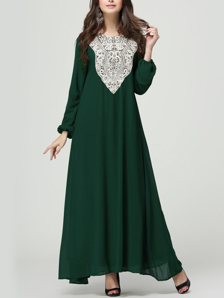 Romwe Green Crochet Applique Lantern Sleeve Long Dress