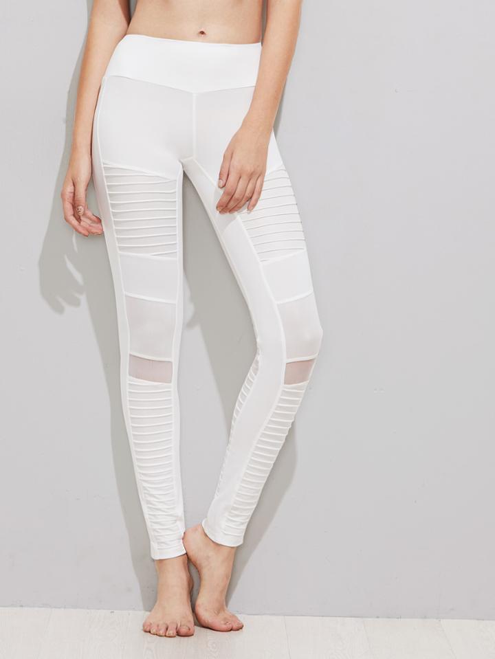 Romwe Mesh Insert Pleated Stitch Detail Leggings