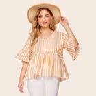 Romwe Plus Lettuce Frill Flounce Sleeve Striped Blouse