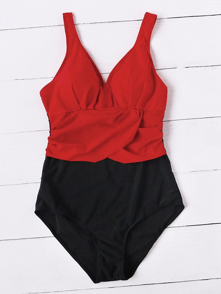 Romwe Two Tone Cross Front Beach Swimsuit
