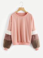 Romwe Contrast Faux Fur Sweatshirt