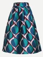 Romwe Green Print Flare Skirt