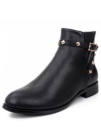 Romwe Black Zipper Rivets Buckle Strap Boots