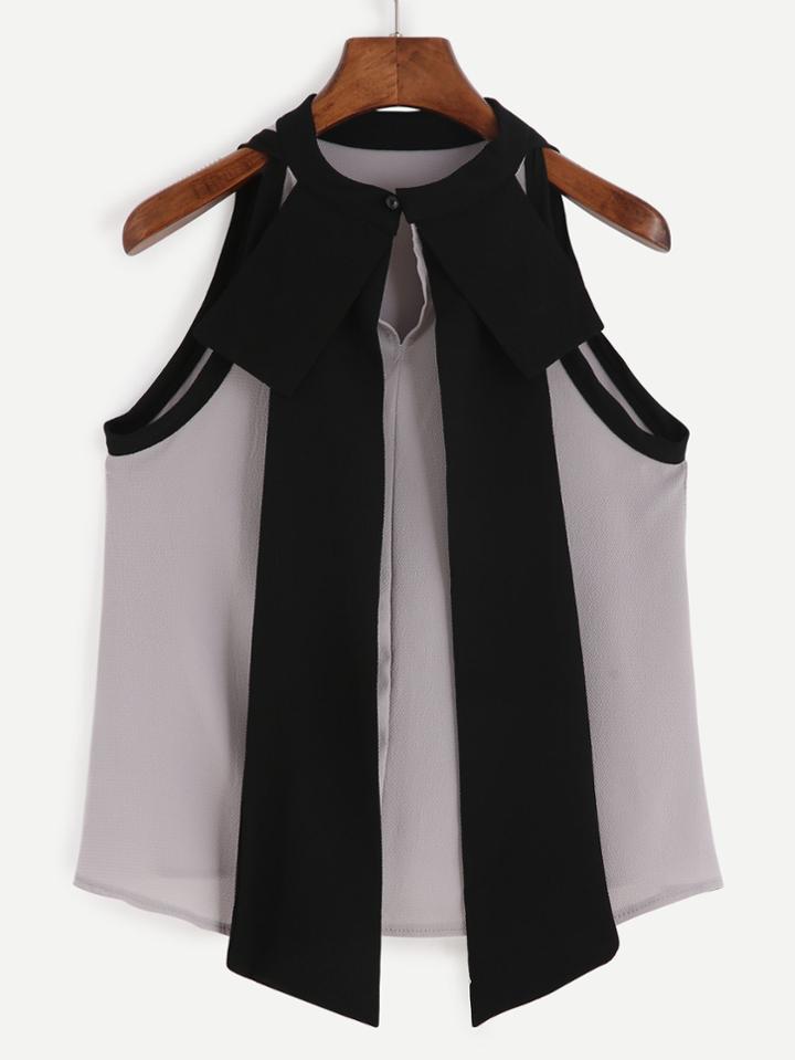 Romwe Grey Contrast Trim Halter Top With Neck Tie Back