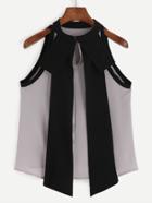 Romwe Grey Contrast Trim Halter Top With Neck Tie Back