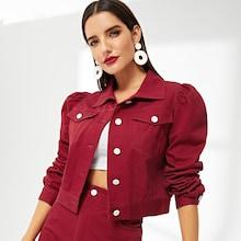 Romwe Puff Sleeve Pocket Front Crop Jacket