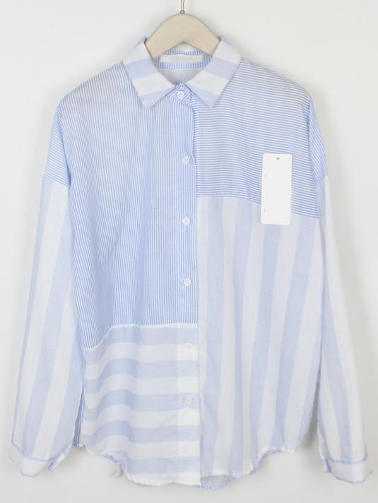 Romwe Blue Lapel Striped Blouse