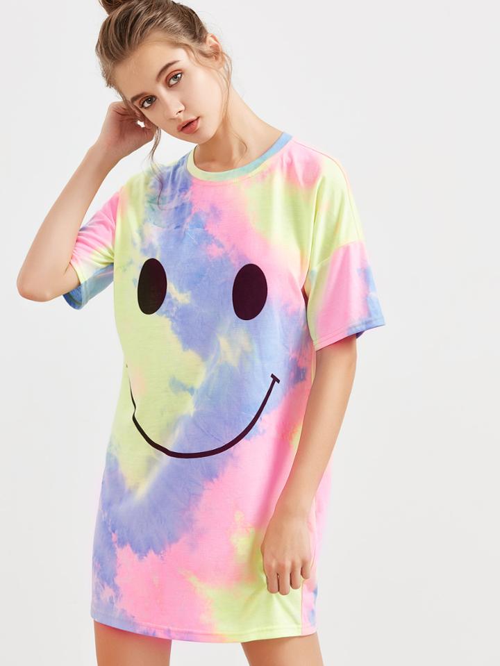 Romwe Multicolor Pastel Tie Dye Print Short Sleeve Tee Dress