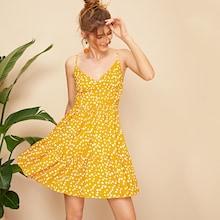 Romwe Shirred Panel Back Covered Button Detail Cami Dress