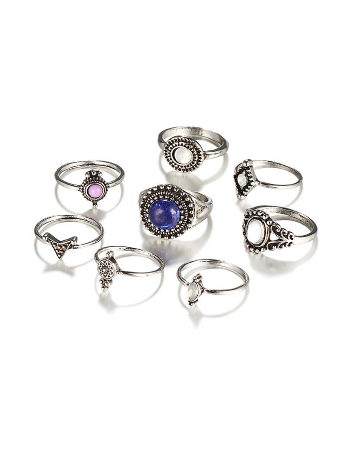 Romwe Multi Shaped Gemstone Ring Set 8pcs