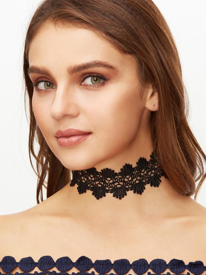 Romwe Black Lace Hollow Out Statement Choker Necklace