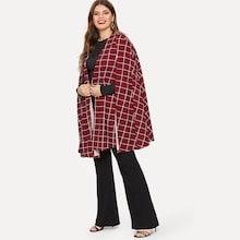 Romwe Plus Open Front Grid Cape Coat