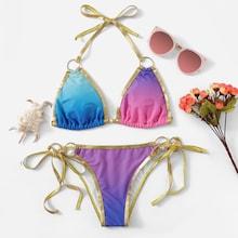 Romwe Ring Detail Tie Side Random Pattern Bikini Set