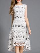 Romwe White Crochet Hollow Out Embroidered High Low Dress