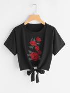 Romwe Embroidered Patch Self Tie Front Tee
