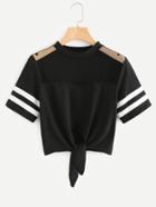 Romwe Mesh Panel Varsity Striped Crop Tee
