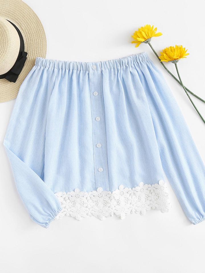 Romwe Off Shoulder Striped Lace Hem Top