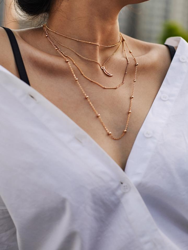 Romwe Hollow Moon Pendant Layered Beaded Necklace