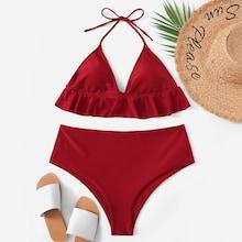 Romwe Plus Ruffle Halter Top With High Waist Bikini