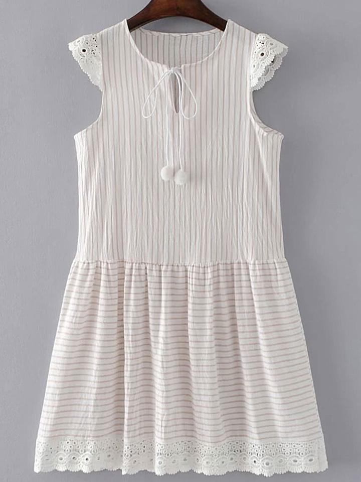 Romwe Crochet Trim Pom Pom Tie Dress