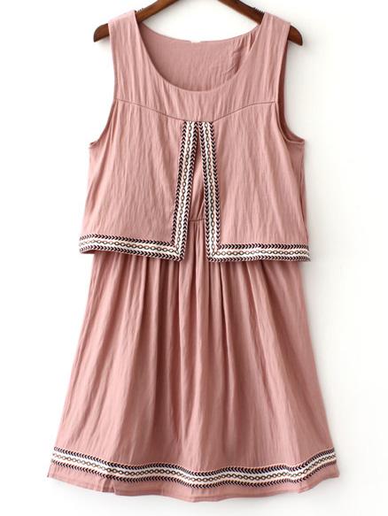 Romwe Pink Round Neck Webbing Trim Sleeveless Dress
