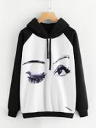 Romwe Eye Print Two Tone Hoodie