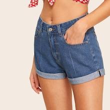 Romwe Rolled Hem Buttoned Fly Denim Shorts