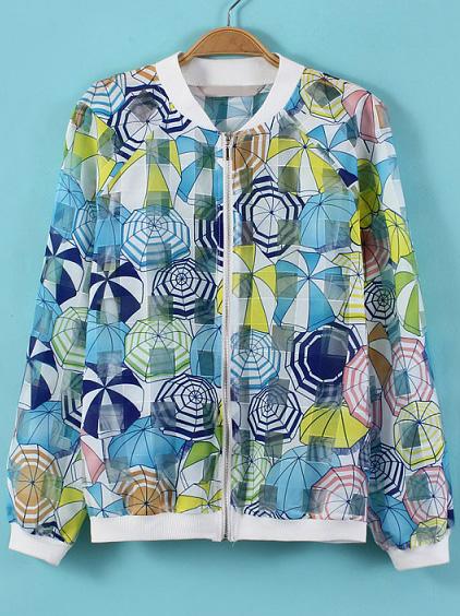 Romwe Multicolor Stand Collar Umbrella Print Organza Jacket