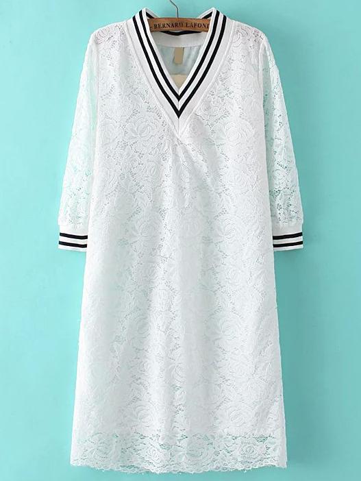 Romwe Striped Rib Neck And Cuff White Lace Dress