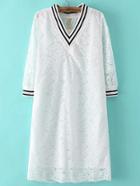 Romwe Striped Rib Neck And Cuff White Lace Dress