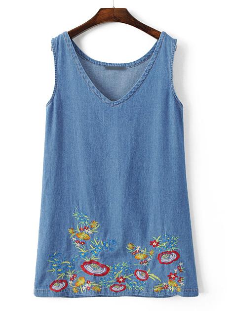 Romwe Blue V Neck Sleeveless Embroidery Shift Dress