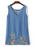 Romwe Blue V Neck Sleeveless Embroidery Shift Dress