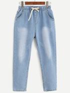 Romwe Blue Drawstring Bleach Wash Jeans