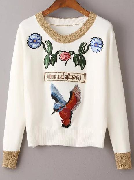 Romwe White Bird Embroidery Contrast Trim Sweater