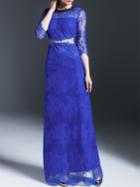 Romwe Blue Sheer Beading Embroidered Maxi Dress