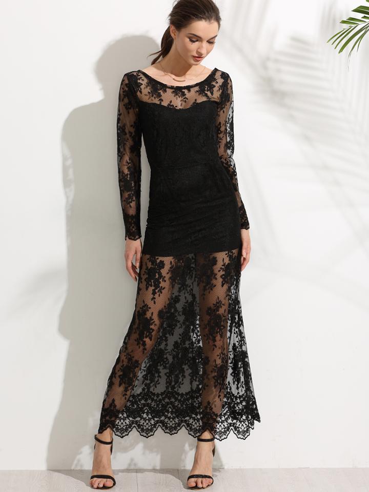Romwe Black V Back Embroidered Lace Overlay Dress
