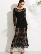 Romwe Black V Back Embroidered Lace Overlay Dress