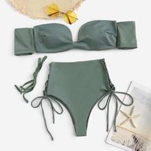 Romwe Bardot Top With Tie Side High Waist Bikini