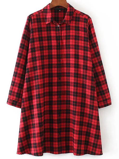 Romwe Red Plaid Loose Shirt Dress