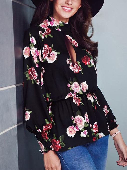 Romwe Black Keyhole Neckline Floral Blouse