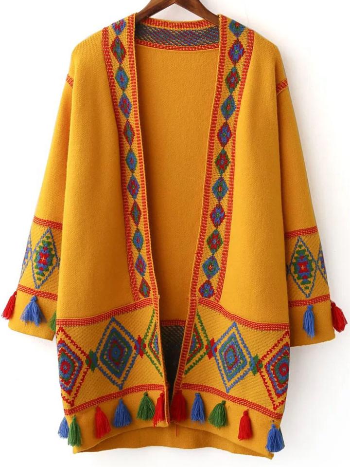 Romwe Ginger Tribal Pattern Fringe Detail Cardigan