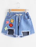 Romwe Flower Embroidered Cutout Drawstring Raw Hem Shorts