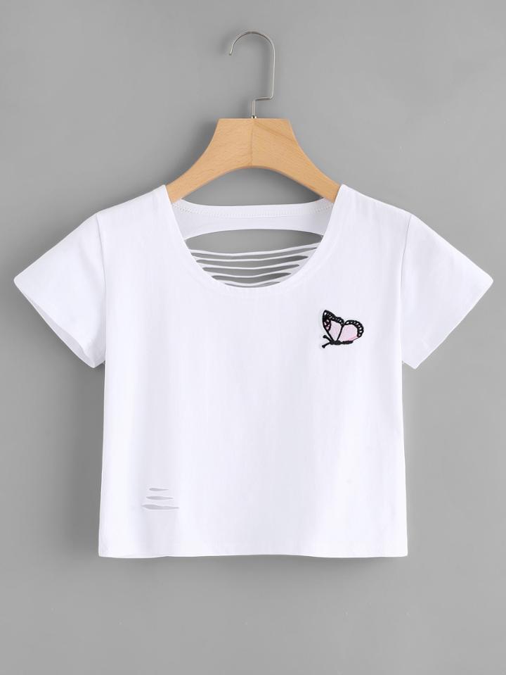 Romwe Butterfly Embroidered Patch Cut Ou Back Tee
