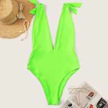 Romwe Neon Lime Deep V Self Tie One Piece Swimsuit